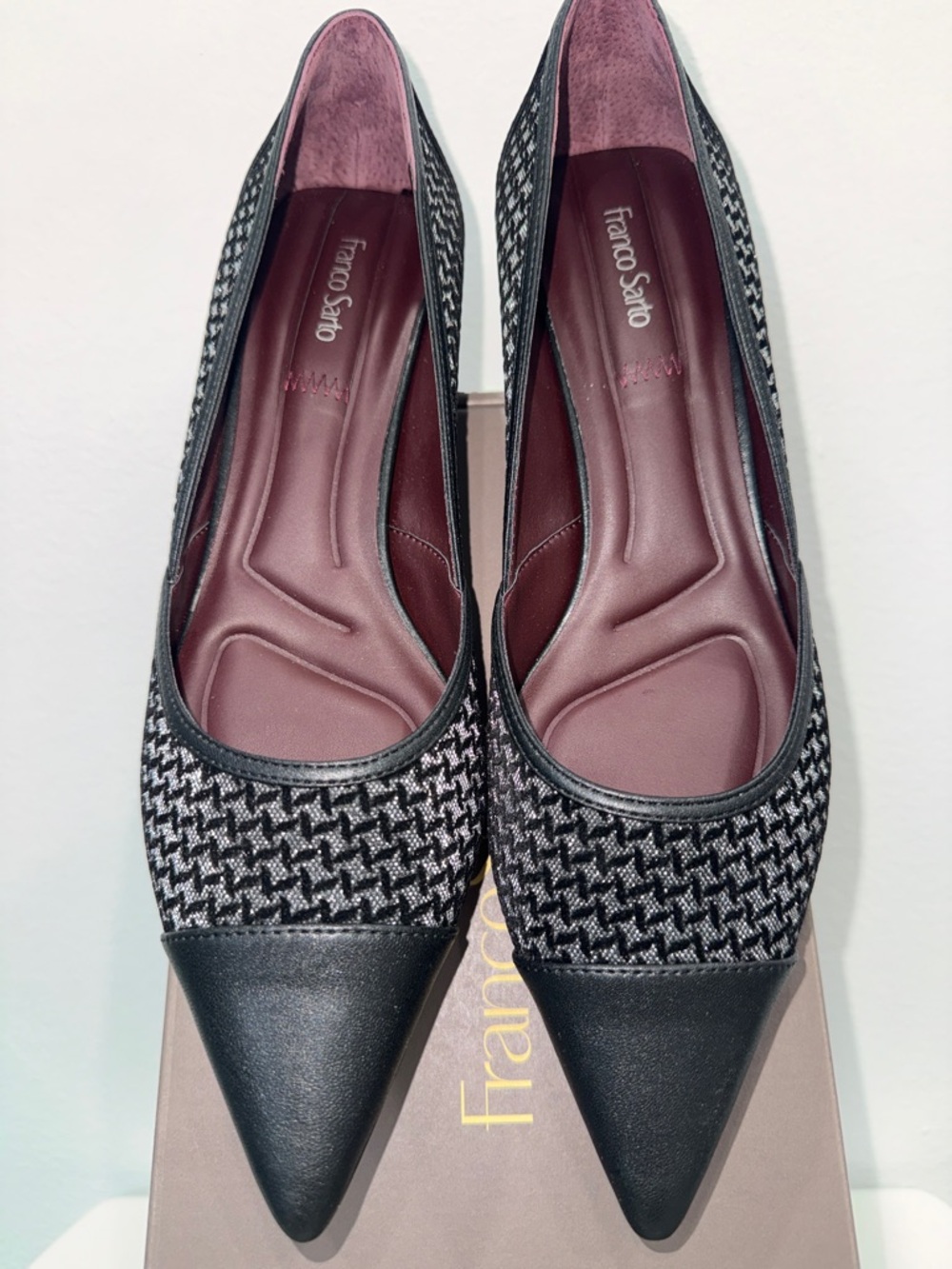 Franco Sarto Black/Silver kitten heel Pointed-Toe Woven Pumps